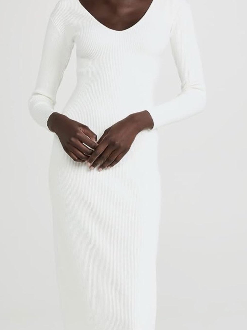 Vince White Long-Sleeve Ribbed V-Neck Midi Dress